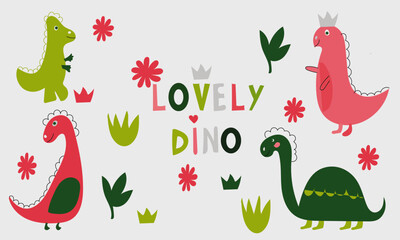 set of dino vextor, lovely dino, princess dino, dinosaur decoration, cute dinosaur, cartoon dino