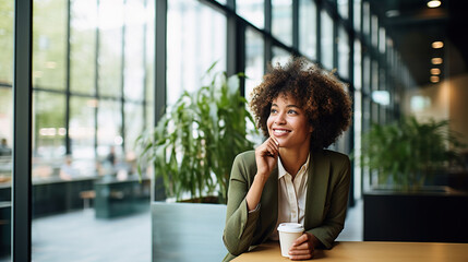 Young happy business afro american woman in casual shirt on break in office, holding cup of coffee or tea. No stress concept - obrazy, fototapety, plakaty