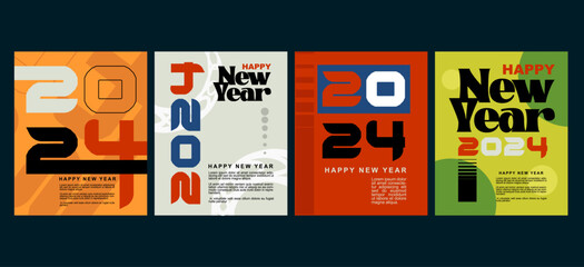 2024 colorful set of Happy New Year posters with flat color concept. Abstract design typography logo 2024 for vector celebration and season decoration, backgrounds, branding, banner, cover, card and o