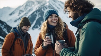 Fototapeta premium Break with a hot drink while hiking along a winter mountain route. Active happy people traveling in winter