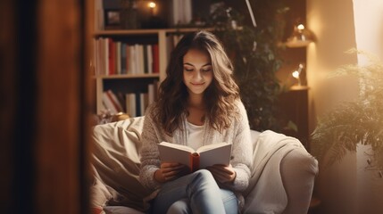 A young woman reads in a cozy home environment. Winter holiday time - obrazy, fototapety, plakaty