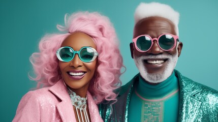 Happy African American senior couple in pink dress with turquoise background