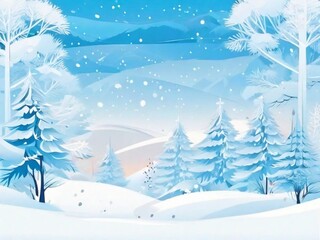 Obraz premium winter snowy forest scenery with mountain on horizon, snowflakes frame 