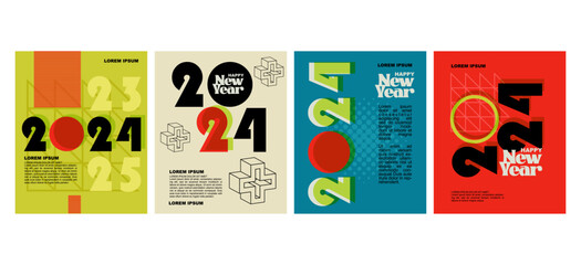 2024 colorful set of Happy New Year posters with flat color concept. Abstract design typography logo 2024 for vector celebration and season decoration, backgrounds, branding, banner, cover, card and o