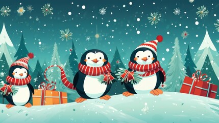 New Year card. christmas concept. cute penguins ride in winter weather on a sled with snowflakes on a blue background