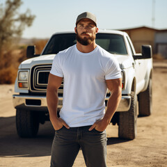 Lifestyle style photo of a male Model, full - body photo, ford f250 next to him, model is wearing an oversized white T-shirt crewneck and denim