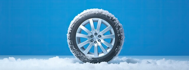 Brand new winter car tires showcased against a snowy blue backdrop, winter tires ready for winter with snow and all difficult weather conditions