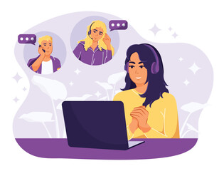 Woman have video conferencing at home. Video call meeting with clients. People on a computer screen with a colleague. Flat Vector Illustration