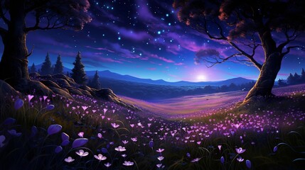 A surreal meadow of neon violets, stretching as far as the eye can see, with a surreal, alien...