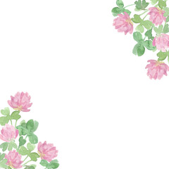 Watercolor botanical frame with clover flowers. Romantic background. Three-leafed, Red clover. Symbol of good luck. Design for wedding invitations, save the date cards, postcards