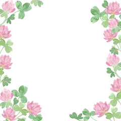 Watercolor botanical frame with clover flowers. Romantic background. Three-leafed, Red clover. Symbol of good luck. Design for wedding invitations, save the date cards, postcards