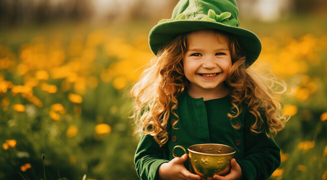 Little girl in a green leprechaun costume with gold coins in a golden pot on a yellow flower field