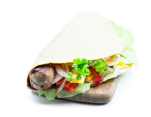 Corn wrap with sausages and vegetables isolated on white