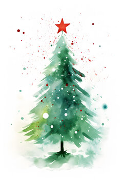 Watercolor style drawing of Christmas tree with star shaped tree topper on white background