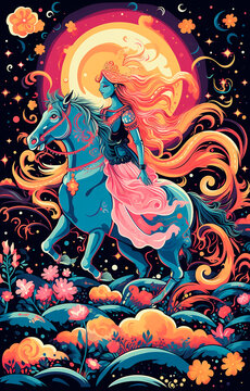 Fantasy knight on horse from wonderland stories for kids book, Illustrated Cartoon, comics,  