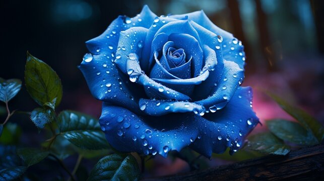 A tranquil image of a blue rose delicately coated in dewdrops, nestled within a serene forest scene.