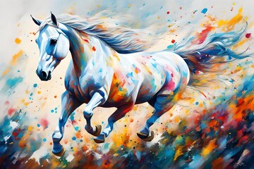 colourful painting a single white horse running on the sky