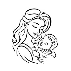 Mom rocks the baby in her arms. Maternity and child care. Vector linear illustration on white background