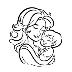 Mom holds the child in her arms. Maternity and child care. Vector linear illustration on white background