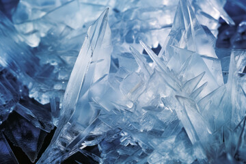 Frozen close-up ice crystals winter nature background. Cold frost seasonal arctic weather wallpaper.