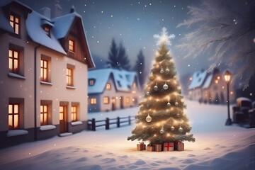 Christmas tree on snowy streets. Winter landscape of a small town decorated for Christmas and New Year.