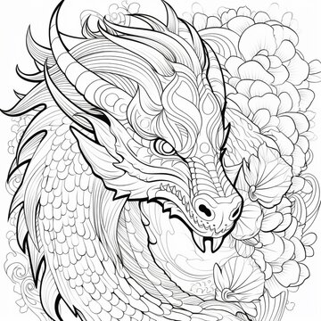 Dragon with floral patterns fantasy coloring page illustration picture AI generated art