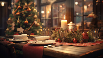 mesa decorada para cena navideña en salón decorado con árbol de navidad con gran ventanal de fondo - obrazy, fototapety, plakaty