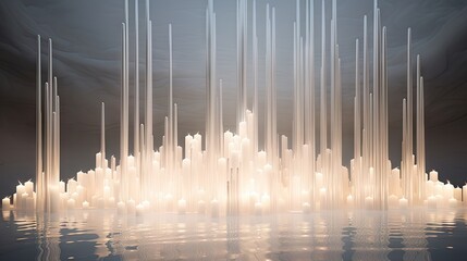  a group of white candles floating on top of a body of water in front of a city skyline with tall buildings.  generative ai