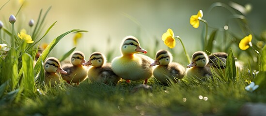In the summer the vibrant green grass glows under the warm sun while cute ducks and their fluffy gray ducklings explore the outdoors with their adorable beaks and soft feathers on their head