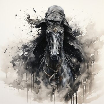 Drawing white ink dullahan black horse artwork photography image AI generated art