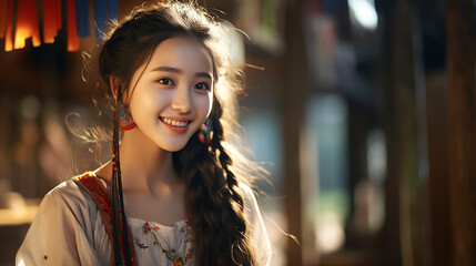 A young asian girl is smiling and taking a selfie, in the style of dark brown and dark black, softly organic, rough edges, symmetrical asymmetry, webcam