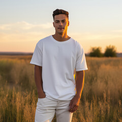 Lifestyle style photo of a male Model, full - body photo, outside in a field, model is wearing an oversized white T-shirt crewneck and denim