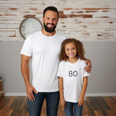 Lifestyle style photo of a dad next to 9 year old daughter, full - body photo, shot below eye level, man and 9 year old girl is wearing an oversized blank white T-shirt crewneck