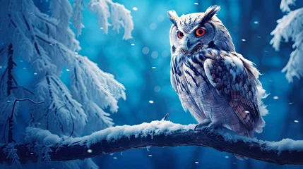 Rolgordijnen Owl sitting on branch in silent winter nature. Postproducted generative AI illustration. © LeArchitecto