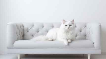 white cat lies on the sofa.