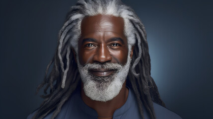 Beautiful black man with smooth healthy face skin. Gorgeous aging mature man with long gray hair and happy smiling. Beauty and cosmetics skincare advertising concept