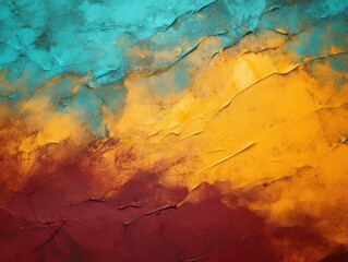 Fototapeta premium Textured background abstraction. Painted wall. Vibrant colors design. Maroon, mustard and turquoise colors.
