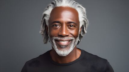 Obraz premium Beautiful black man with smooth healthy face skin. Gorgeous aging mature man with long gray hair and happy smiling. Beauty and cosmetics skincare advertising concept