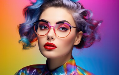 Fototapeta premium A beautiful woman is wearing glasses and a colorful shirt with bright lipstick