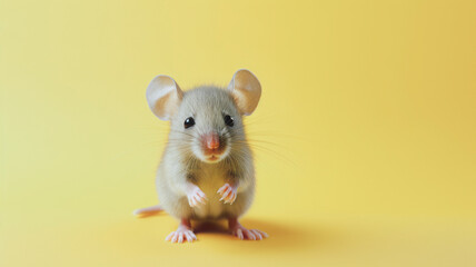 Cute little animal. The mouse is posing on a yellow background