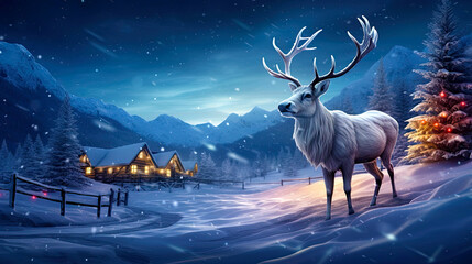 A majestic reindeer walking in a snowy landscape near small village. Postproducted generative AI illustration.