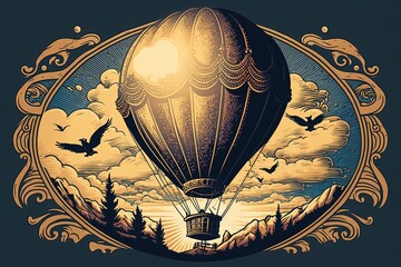 A Stylised Illustration of a Victorian Era Hot Air Balloon Floating in a Sky, in Vintage Sepia Tones and Wood Block Etching Style Print Style