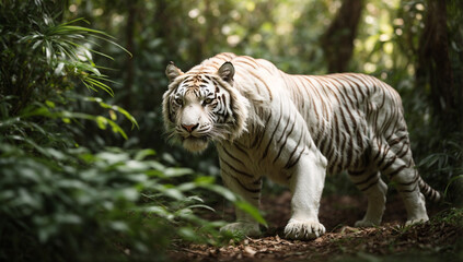 An image of a regal and elegant white tiger prowling in the jungle - AI Generative