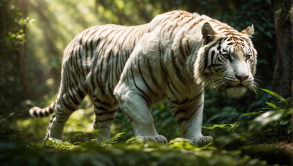 Obraz premium An image of a regal and elegant white tiger prowling in the jungle - AI Generative