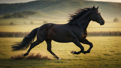 Fototapeta na wymiar An image of a regal and majestic black stallion galloping across an open field - AI Generative