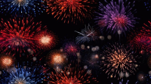  a bunch of fireworks are lit up in the night sky with red, white, and blue fireworks on them.  generative ai