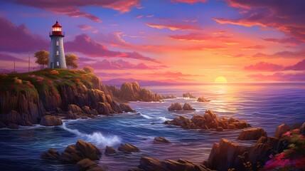 Fototapeta premium a painting of a lighthouse in the middle of a body of water with a sunset in the background and clouds in the sky. generative ai