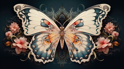 a white butterfly with blue wings and pink flowers on it's wings, with a black background and pink flowers on it's wings.  generative ai