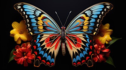  a colorful butterfly with red, yellow, and blue wings on a black background with red and yellow flowers in the foreground.  generative ai
