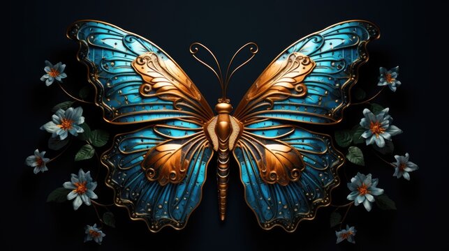  a blue and gold butterfly sitting on top of a flower covered wall next to a black background with white and orange flowers.  generative ai